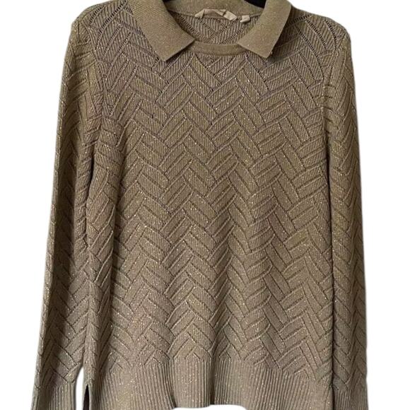 Soft Surroundings Sweater Women's Size X-Large Gold Metallic Collared Open Knit - Picture 2 of 8